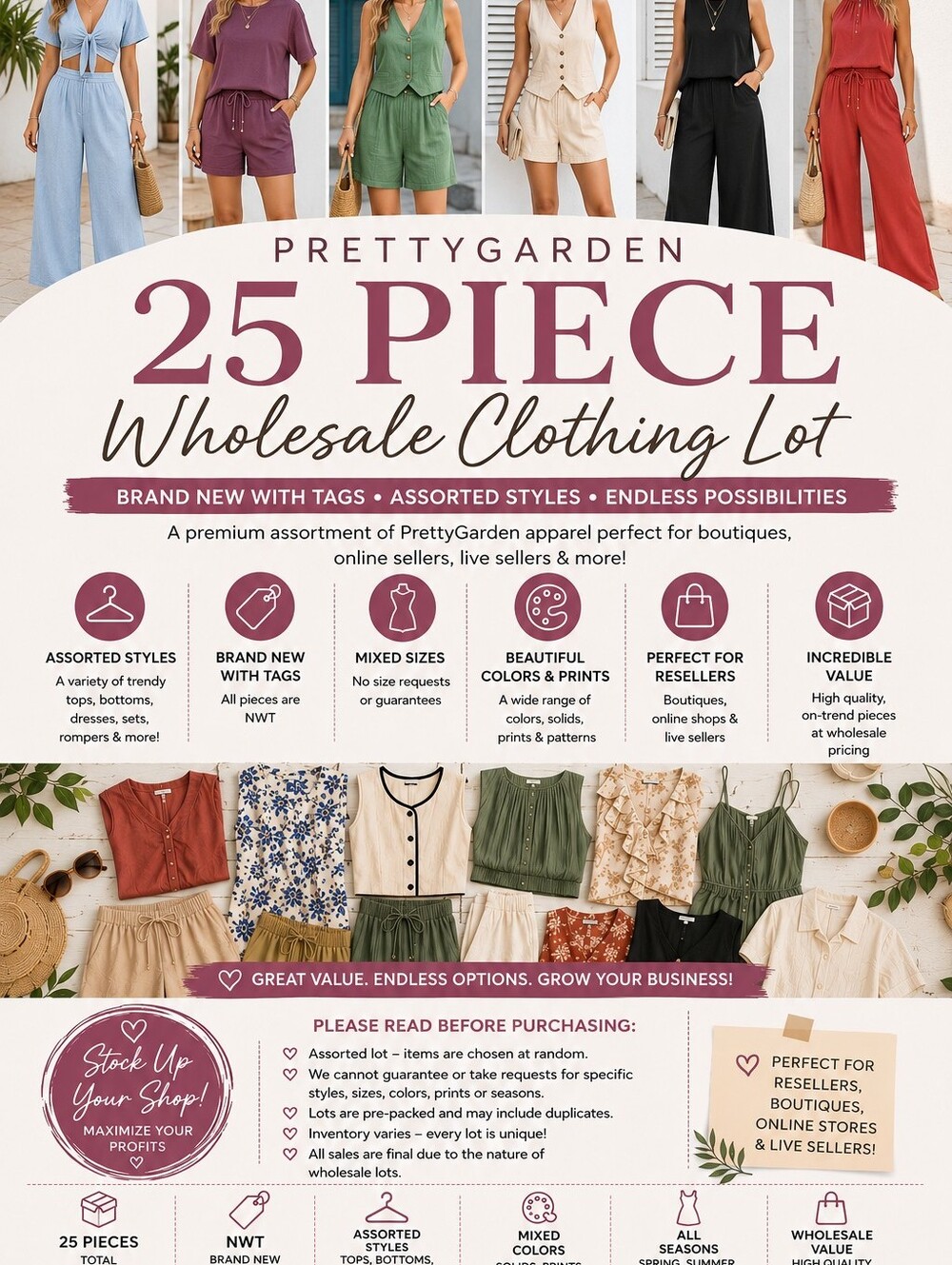 PrettyGarden 25 Piece NWT Wholesale Clothing Reseller Lot